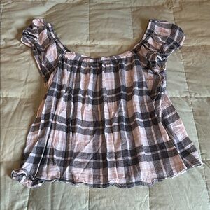 Lucky Brand Off-Shoulder Plaid Blouse - Black and White